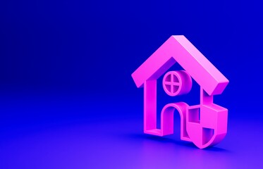Pink House with shield icon isolated on blue background. Insurance concept. Security, safety, protection, protect concept. Minimalism concept. 3D render illustration