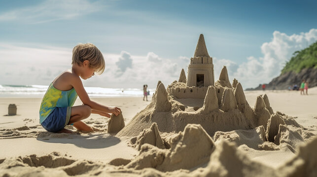 Joyful Moments by the Seashore. cild playing on a sandy beach with back facing to camera, generative AI
