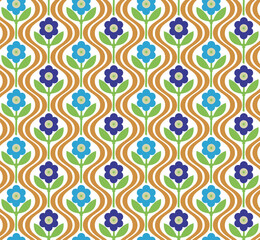 Abstract Retro Flowers Diagonal Wavy Stripes Seamless Cute Pattern Trendy Fashion Colors Minimalist Endless Design Perfect for Allover Fabric Print or Wrapping Paper