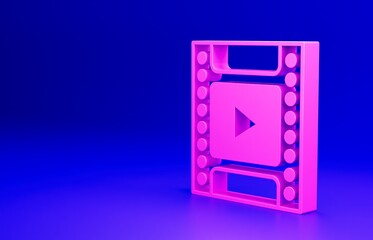 Pink Camera vintage film roll cartridge icon isolated on blue background. 35mm film canister. Filmstrip photographer equipment. Minimalism concept. 3D render illustration