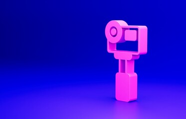 Obraz na płótnie Canvas Pink Action extreme camera icon isolated on blue background. Video camera equipment for filming extreme sports. Minimalism concept. 3D render illustration