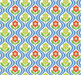 Abstract Retro Flowers Diagonal Wavy Stripes Seamless Cute Pattern Trendy Fashion Colors Minimalist Endless Design Perfect for Allover Fabric Print or Wrapping Paper