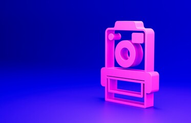 Pink Photo camera icon isolated on blue background. Foto camera. Digital photography. Minimalism concept. 3D render illustration