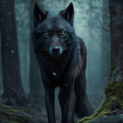 Black wolf in the forest at night