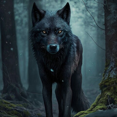 Black wolf in the forest at night