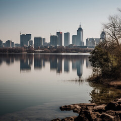 Fototapeta na wymiar Panoramic Cityscape Shot of a Skyline, generative AI
