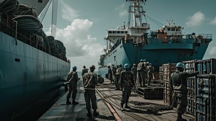 Naklejka premium The Hustle and Bustle of a Busy Ship Port: A Generative AI Perspective