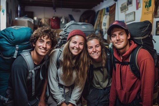 group of cheerful backpackers enjoying their stay in a hostel. With their smiling faces and relaxed demeanor. Generative AI