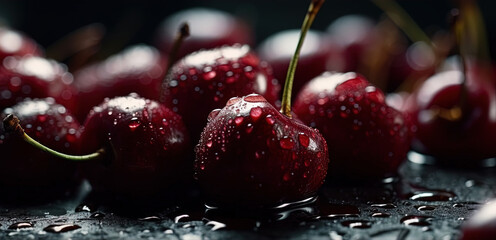 Fototapeta na wymiar Water Drops on Fresh Red Cherry Fruit As Background AI Generative