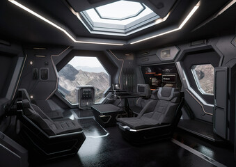 A futuristic interior showcases sleek, angular designs with comfortable seating and advanced control panels. Large, geometric windows offer a view of rugged, extraterrestrial terrain.AI generated.