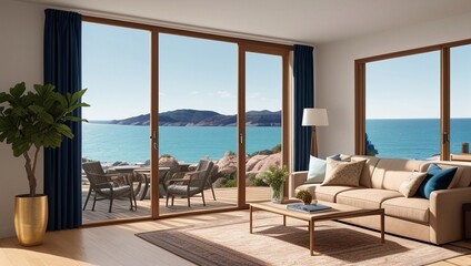 Obraz na płótnie Canvas Living room with a view of the ocean, generative ai