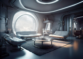 3D sci-fi living room detail. Very nice, clean lines characterize the interior of the futuristic living room. It is equipped with everything one needs. Illustration generated by AI.