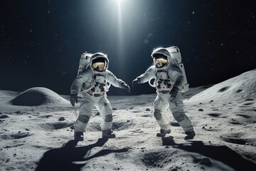 Two astronauts on the moon dance together in an AI-generated image - obrazy, fototapety, plakaty