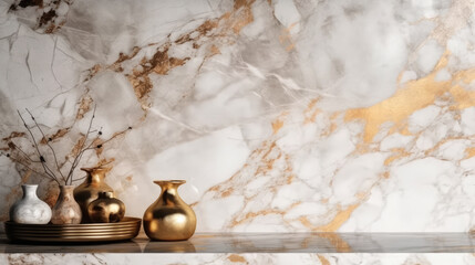 White Marble Wall Backdrop for product display, marble wall mockup, display mock-up, marble counter mockup, white and gold marble backdrop with gold vases, generative ai