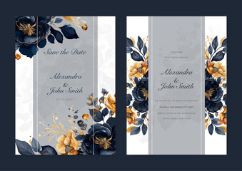 Orange blue orchid floral flower beautiful and elegant floral wedding invitation card template