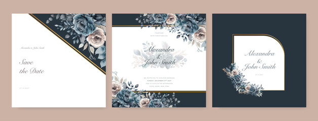 Fototapeta na wymiar Pink blue rose floral flower vector hand drawn floral wedding invitation template watercolor