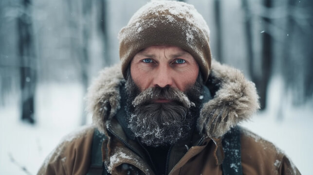 Close up caucasian man in snow landscape, generative AI image