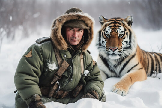 A caucasian soldier with a siberian tiger looking at camera for portrait: Generative AI image