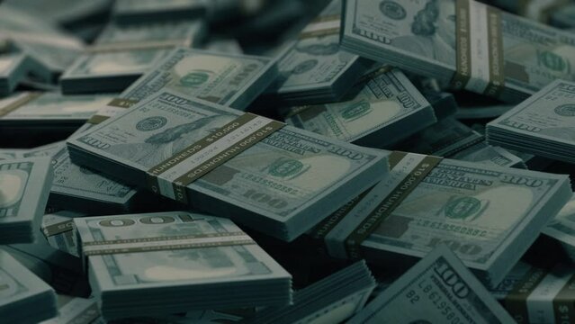 One hundred dollar bills background. Cash flow business and financing 4k footage. Pile of stacks American banknotes. Bet winning and luck jackpot concept