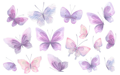 Fototapeta na wymiar A set of delicate, cute pink and lilac butterflies. Watercolor illustration. Isolated objects on a white background. For decoration, design of romantic, wedding events, children's and women's textiles