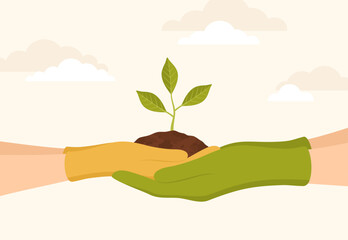 Fototapeta na wymiar Hands of an adult and a child in rubber gloves holding a seedling in the soil in their palms, side view. Vector illustration in flat style