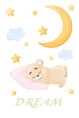 Cute little teddy bear on a transparent background, sleeping on a pink pillow, vector illustration, children's fashion, children's graphics for wallpapers and prints. Cartoon vector Generative AI