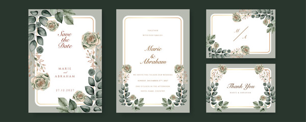 Fototapeta na wymiar Green rose floral flower elegant wedding invitation watercolor