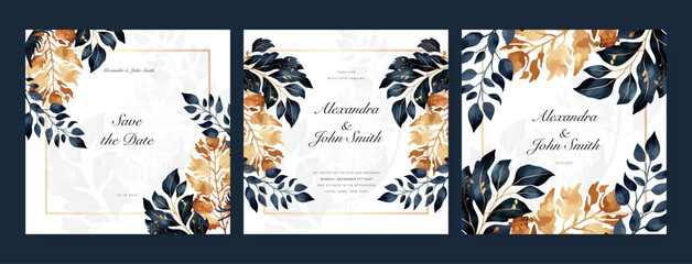 Blue gold leaf floral flower vector wedding card invitation template with hand painted watercolor