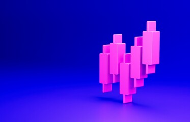 Fototapeta premium Pink Browser with stocks market growth graphs and money icon isolated on blue background. Monitor with stock charts arrow on screen. Minimalism concept. 3D render illustration