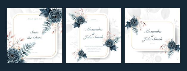 Blue rose floral flower beautiful and elegant floral wedding invitation card template