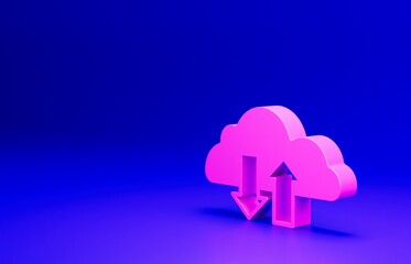 Pink Cloud download and upload icon isolated on blue background. Minimalism concept. 3D render illustration