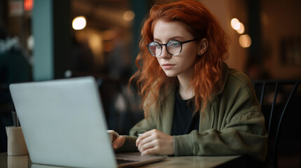 Front-end developer sitting in front of her laptop, generative ai