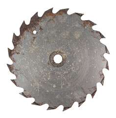 An old rusty saw blade covered in sawdust.