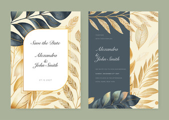 Leaf blue gold floral flower beautiful hand drawn wedding invitation card watercolor
