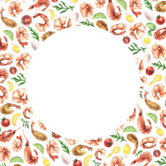 Round frame empty template with white background for text, information with shrimp, greens, vegetables and eggs. Watercolor illustration hand drawn. For menus, recipes, cooking.