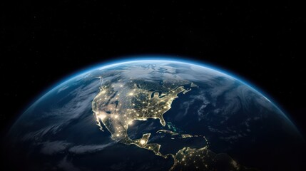 Obraz premium Planet Earth cutvature. Aerial view of blue planet from space. Sunrise over city lights. Generative AI