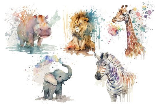 Safari Animal set lion, elephant, zebra, giraffe, monkey, hippopotamus in watercolor style. Isolated vector illustration