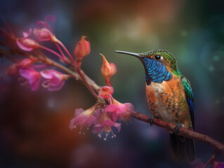 Hummingbird Embracing Nature's Splendor. Mesmerizing macro photograph showcasing a Trochilidae perched on a branch, enjoying a flower in a spring background. Nature concept AI Generative