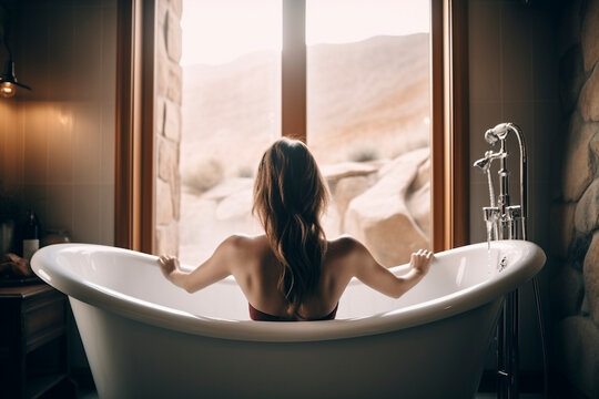 Luxury Bath Time: Back View of Woman Soaking in Tub - Generative Ai