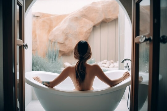 Luxury Bath Time: Back View of Woman Soaking in Tub - Generative Ai
