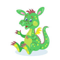 Little cute fairytale dragon is sitting. In cartoon style. Isolated on white background. Vector flat illustration.