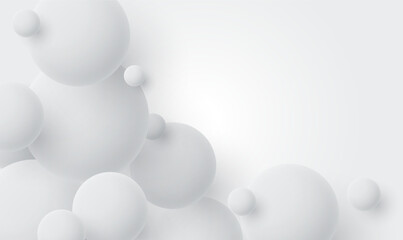 Abstract 3D white spheres design background. 3D shiny balls for product presentation. White snow balls of different sizes.Modern cover design,advertising banner or brochure template, wallpaper. Vector