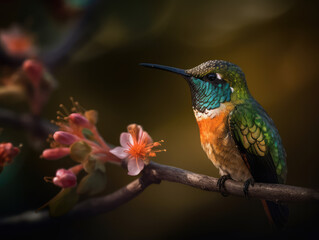 Fototapeta premium Hummingbird Embracing Nature's Splendor. Mesmerizing macro photograph showcasing a Trochilidae perched on a branch, enjoying a flower in a spring background. Nature concept AI Generative