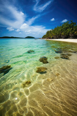 Tropical Tranquility: Low Angle Shot of a Beach and Blue Sky Landscape, Near the Water - A Nature Paradise with Sandy Shores, Offering Seaside Bliss on Vacation.




