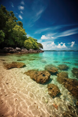 Fototapeta na wymiar Tropical Tranquility: Low Angle Shot of a Beach and Blue Sky Landscape, Near the Water - A Nature Paradise with Sandy Shores, Offering Seaside Bliss on Vacation.