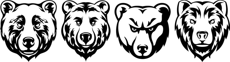 Heads of bears. Abstract character illustration variant set. Graphic logo design template for emblem. Image of portrait.

