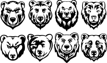 Obraz premium Head of bears collection. Abstract character illustration variant set. Graphic design template for emblem. Image of portrait.