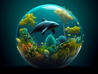 Model of the underwater world in.glass ball, whales, carals. Generative AI