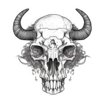 Anatomical tattoo style buffalo head isolated on white background