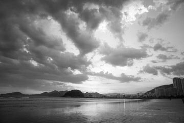 Sunset in Santos in black and white photographed in black and white